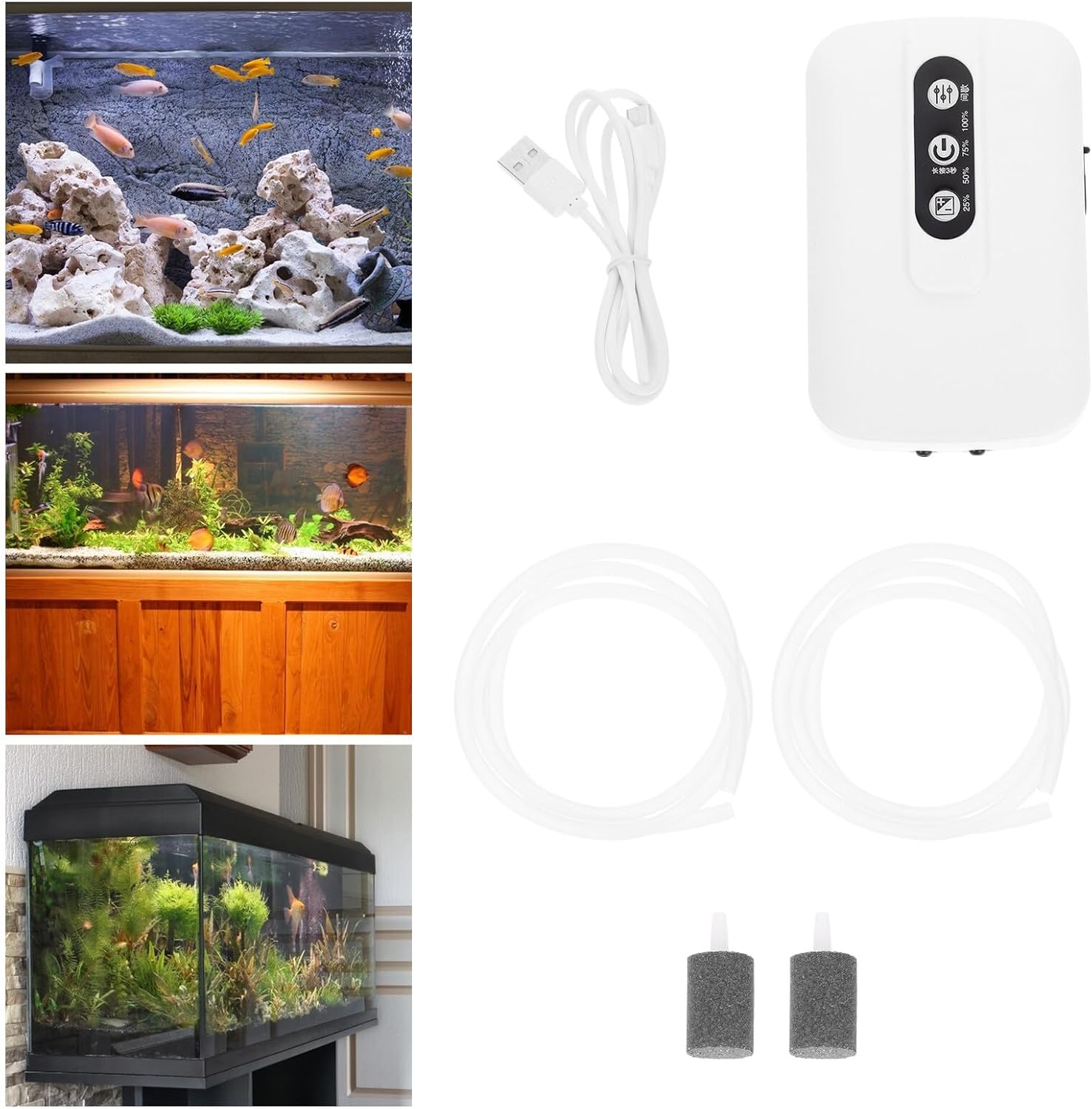 Rechargeable USB Aquarium Air Pump Dual Outlet Adjustable Oxygen Pump for Fish Tank Aeration Battery Powered Oxygen Supply for Home and Outdoor Use