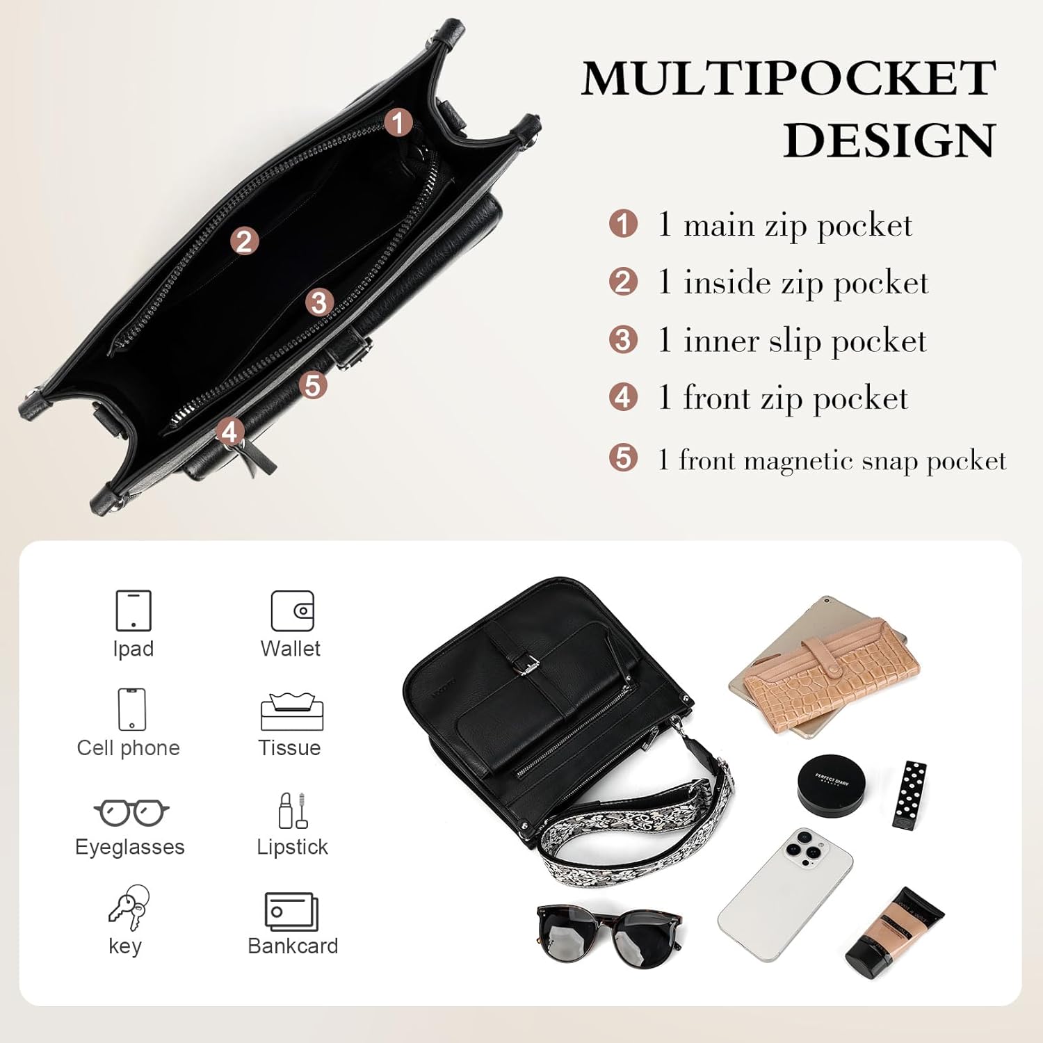 Crossbody Bags for Women Trendy, Vegan Leather Guitar Strap Purse Multi Pocket Medium Shoulder Bag Purses for Women