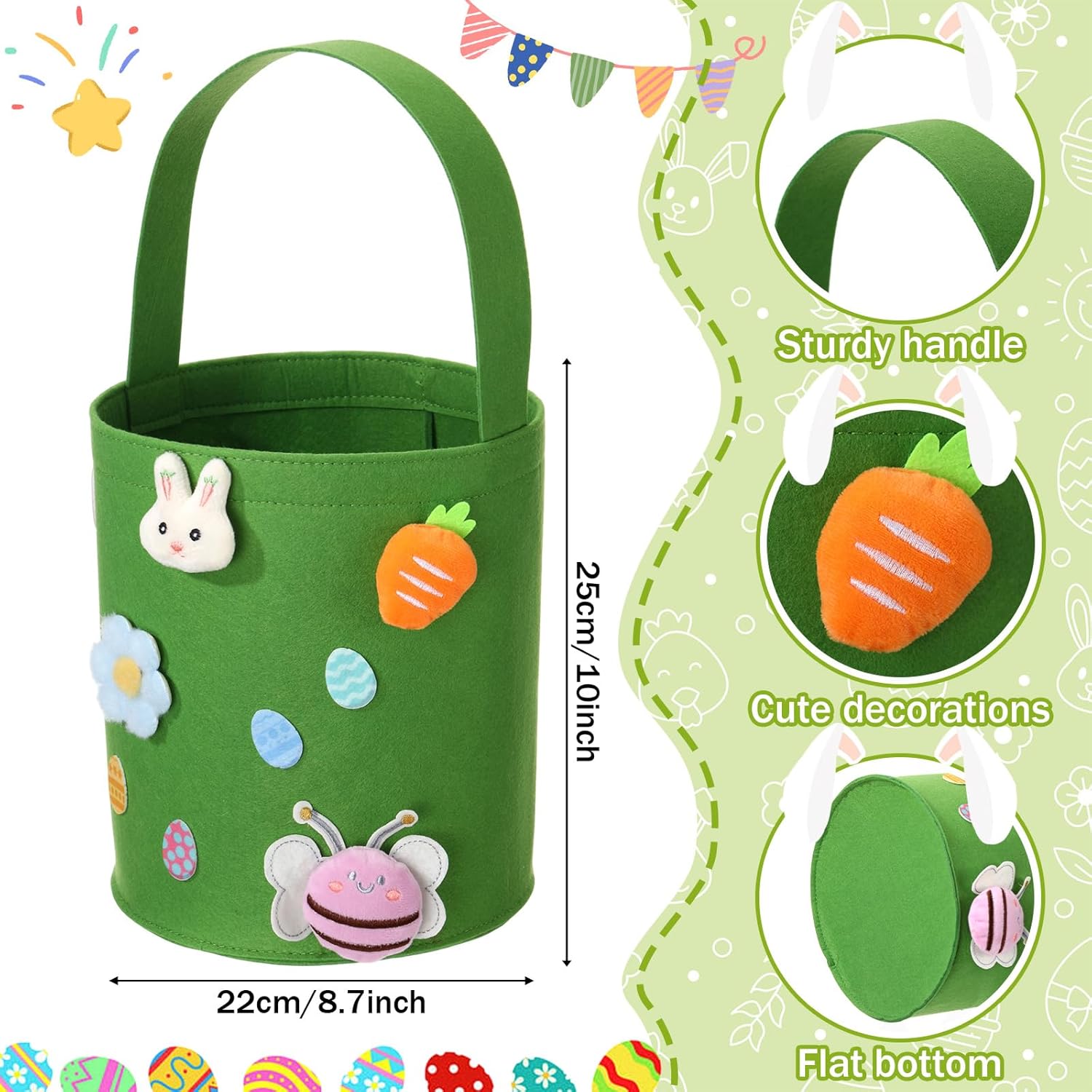 Breling 6 Pcs Large Easter Egg Basket Bulk Easter Bunny Baskets with Handles Reusable Felt Bucket for Candy Gifts Storage Party Favors 10 x 9 x 9 Inch(Rainbow)