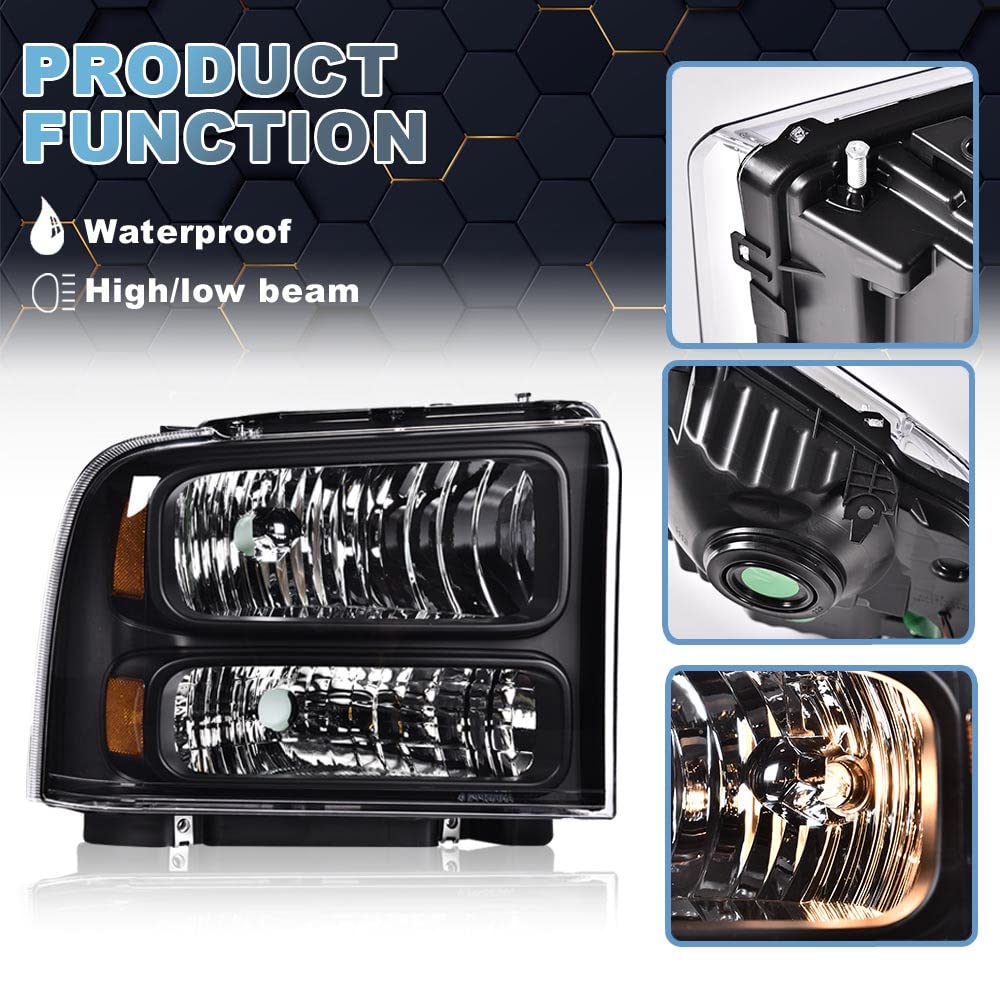 PIT66 Headlights, Compatible with 99-04 Ford F250 F350 F450 F550 Super Duty/00-04 Ford Excursion Clear lens Black Housing Amber Reflector with Harness