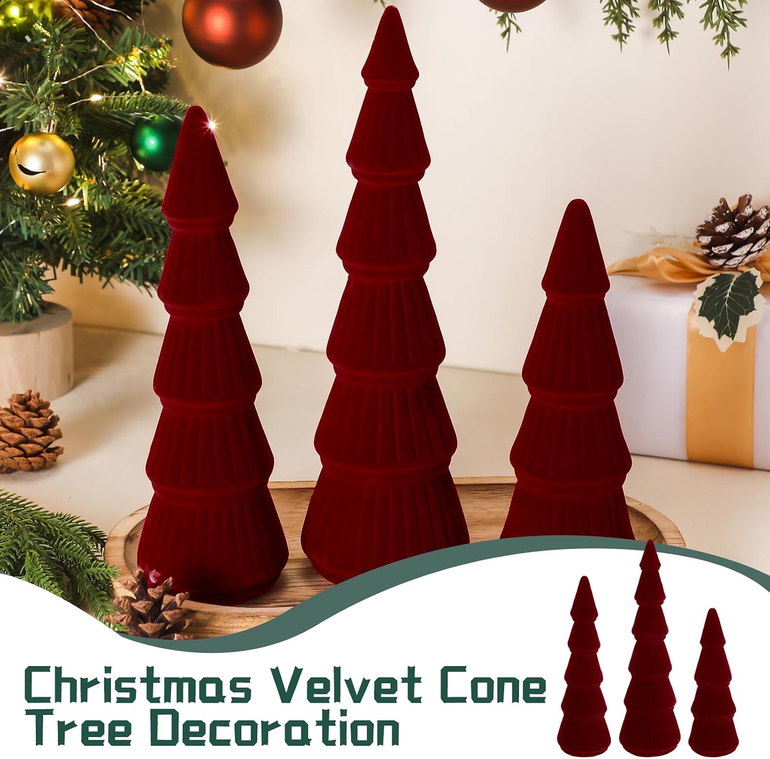 Bucherry 3 PCS Velvet Christmas Tree Figurines Decoration - 8" 10" 14" Modern Cone Christmas Tabletop Home Rustic Centerpiece Set for Winter Holiday Mantel Entryway Party Decor(Burgundy)