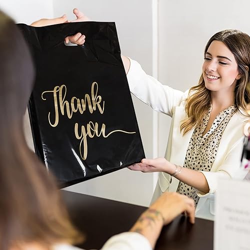 Miniatura 5 de Paquete de 100 Bolsas de Compras Negras de Agradecimiento para Pequeñas Empresas - 9"x12" Extra Gruesas 2.36 Mil Bolsas de Agradecimiento de
