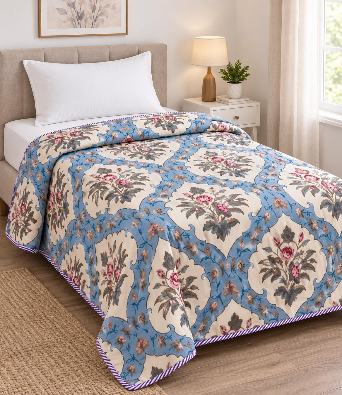 COZY FURNISH Single Bed Dohar 144x220 CM, Soft Microfiber Cotton AC Comforter, Lightweight 150 GSM Summer Quilt, Breathable Floral Print Dohar for Summer & AC Use, Mild Winter Blanket, Gifting