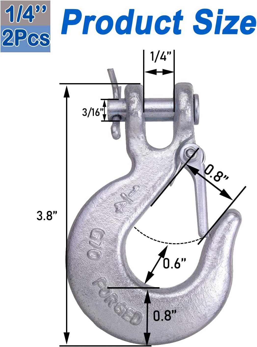 1/4 Inch Safety Chain Hooks, Clevis Slip Hook with Safety Latch, Grade 70 Forged Steel 12,600 Lb for Trailer Truck Transport Tow Winch Hook Trailer(1/4 Inch, 2 Pack) - Image 3