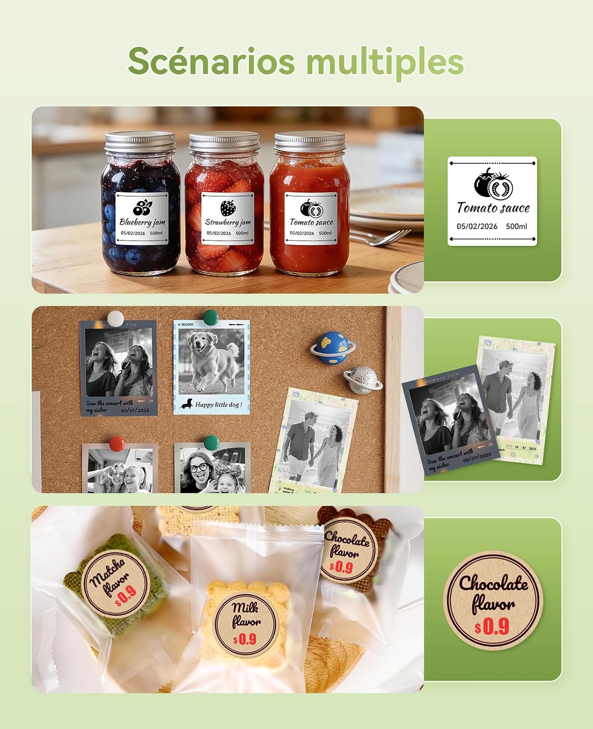 Multiple scenarios for label use: labeled jam jars, photo prints on a corkboard, and labeled snack bags