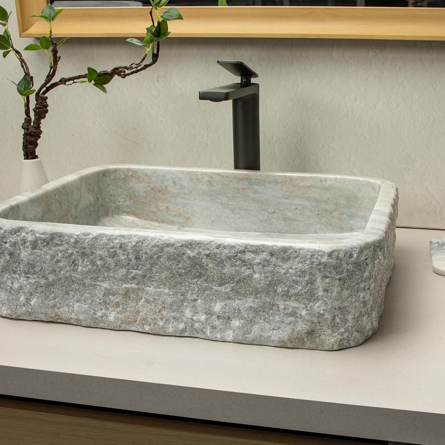 Rustic White Striped Rectangular Marble Sink, 18.9" x 14.9" x 4.7", Countertop Installation, 0 Holes, Polished Finish, Grid Drain