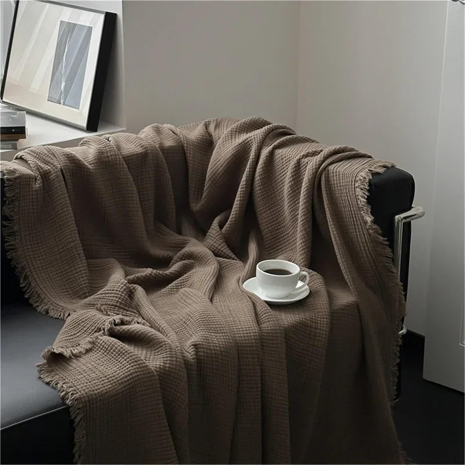 Coperta in cotone, for divano, asciugamano, nappe, biancheria da letto, tinta unita, scialle, plaid delicato sulla pelle, coperte for la casa(Brown,200x230cm)