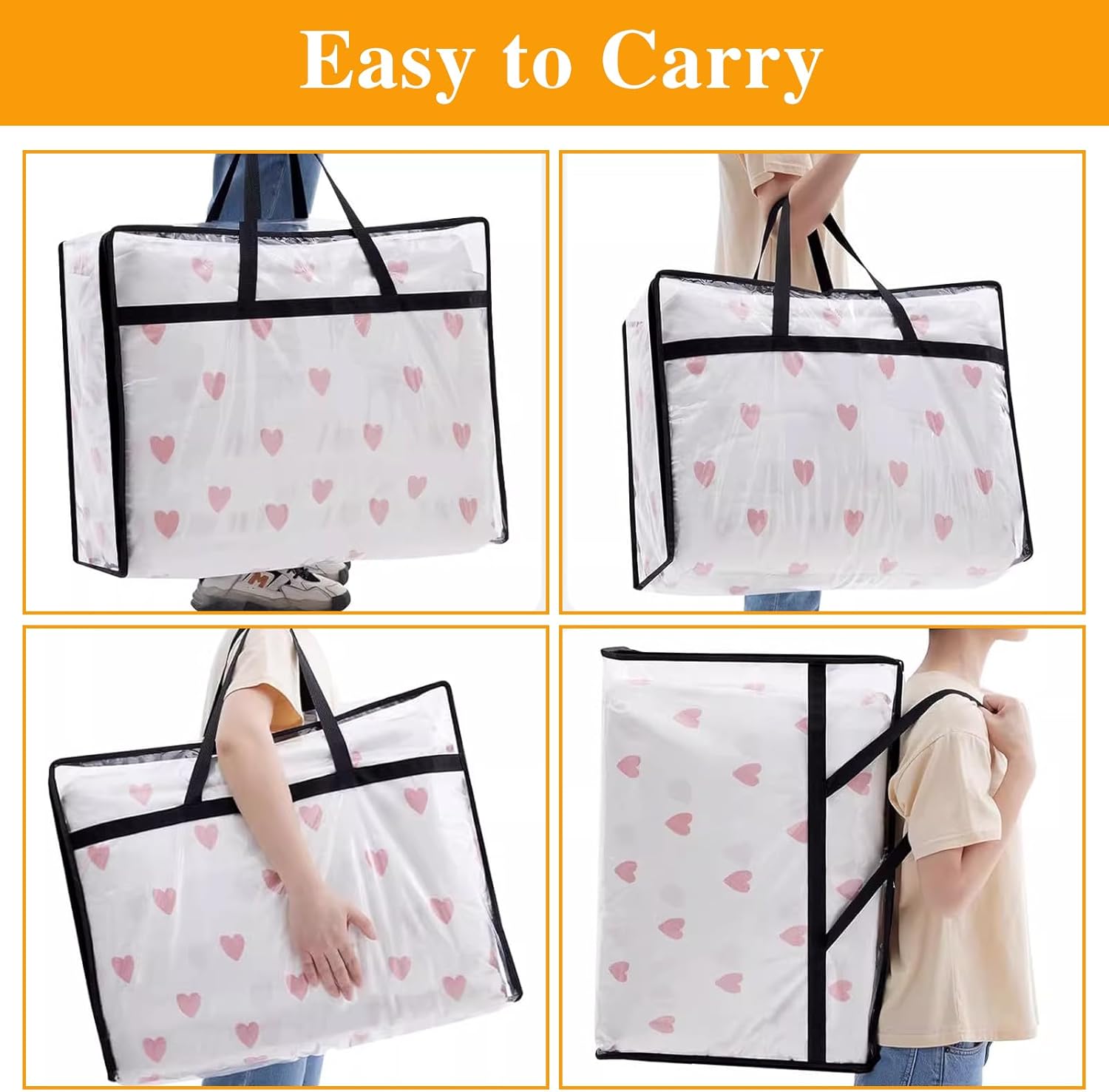 4 Pack Clear Plastic Storage Bags, 40L Foldable Clothes Storage Boxes, Wardrobe Storage Organizer Moving Bins and Containers with Reinforced Handle for Loft Wardrobe for Bedding Clothes