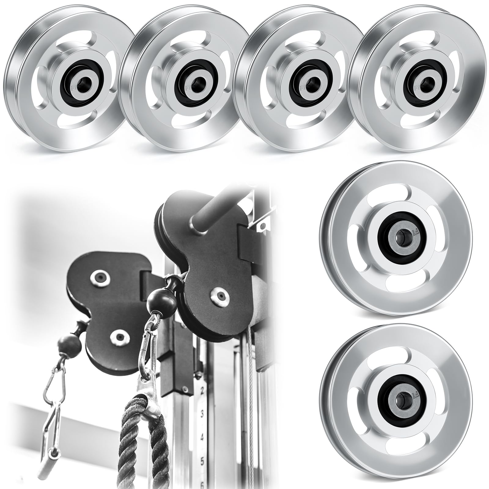Soulchen 2/4/6/8/10/12 Stück Aluminium-Riemenscheiben für Kabelmaschinen-Sets, 90 mm/95 mm, Aluminiumlegierung, Kugellager, Fitness-Riemenscheibe für Zuhause, Fitnessstudio, Übungen, Pulldown-Aufsätze