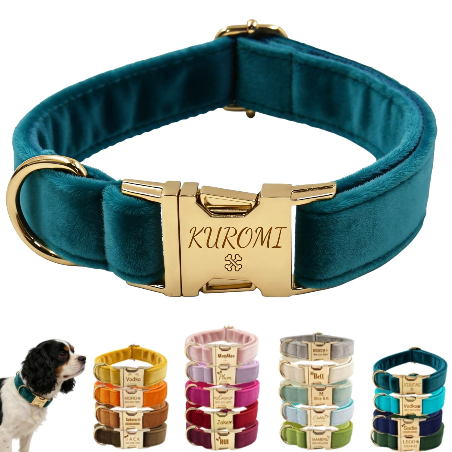 Personalised Velvet Dog Collar with Engraved Name & Phone Number, Luxury Double-Sided Soft Plush Pet Collar for Small Medium Large Dogs & Cats, Adjustable ID Collar with Gold Metal Buckle