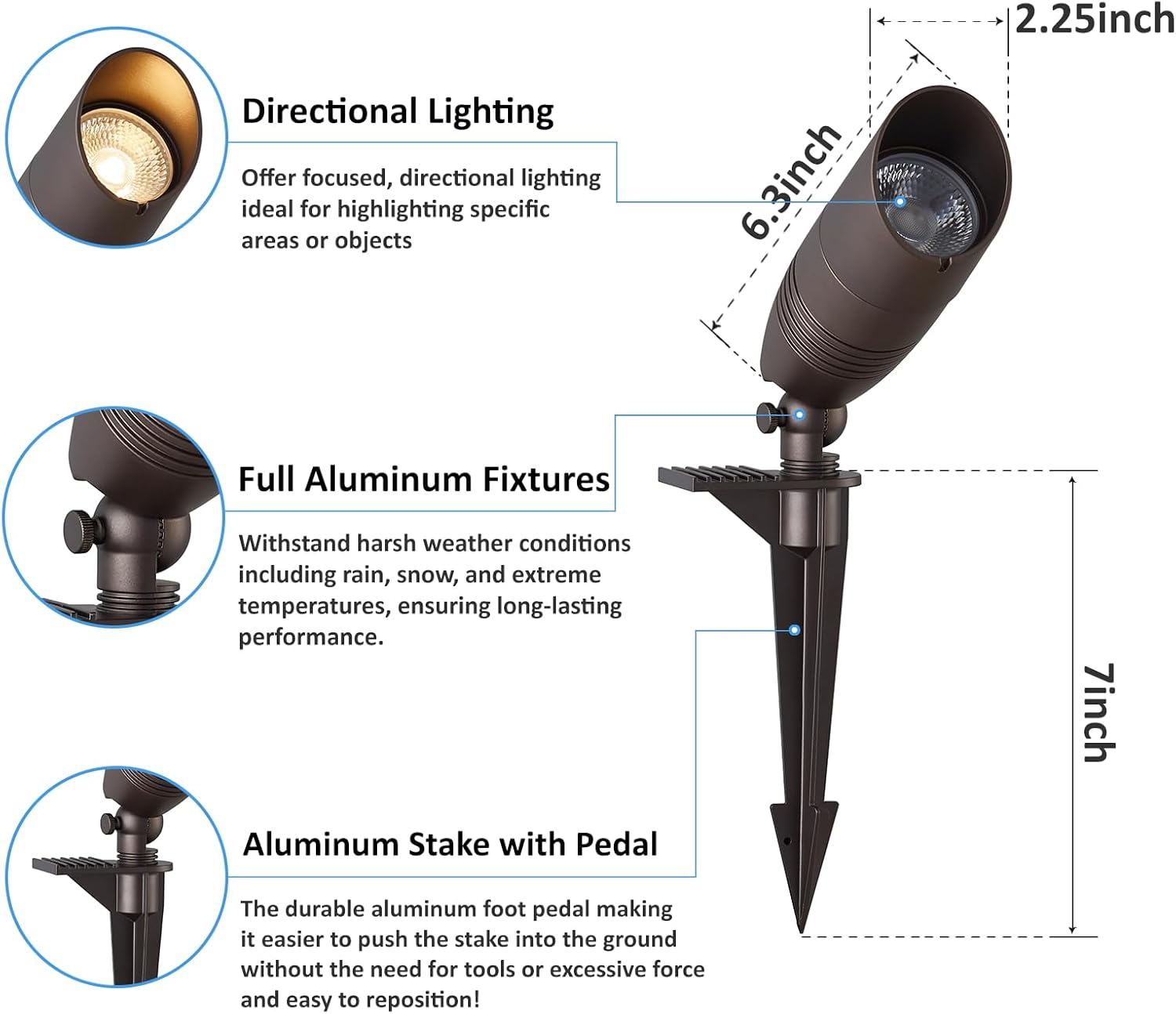 Low Voltage Landscape Spotlights, LED 7W 5CCT Uplighting Outdoor, 12V Outdoor Waterproof Wired LED Landscape Spot Lights for Palm Tree Wall Flag House Home, Aluminum, Bronze, ETL, Pack of 1
