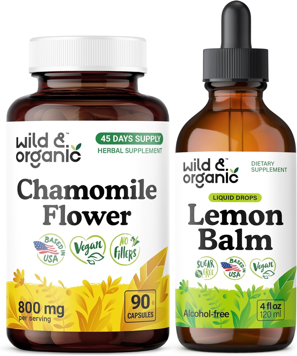 Wild & Organic Chamomile 90 Capsules & Lemon Balm Tincture 4 fl oz