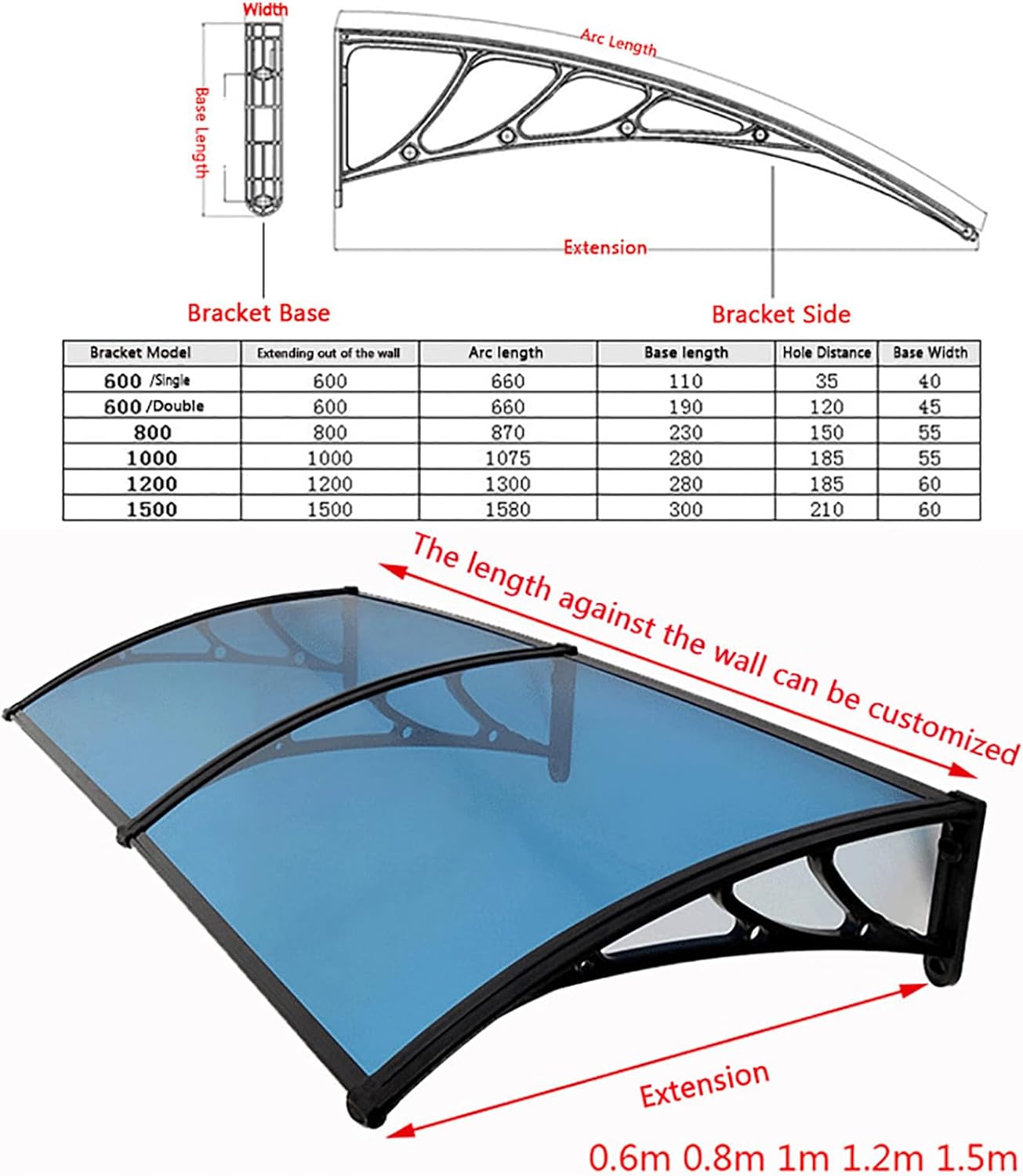 XOUVY Awnings for Doors Window Door Awning Canopy,UPF 50+ Polycarbonate Entry Door Outdoor Window Awning Exterior,Front Door Overhang Awning for Sun Shutter,Rain,Snow Protection