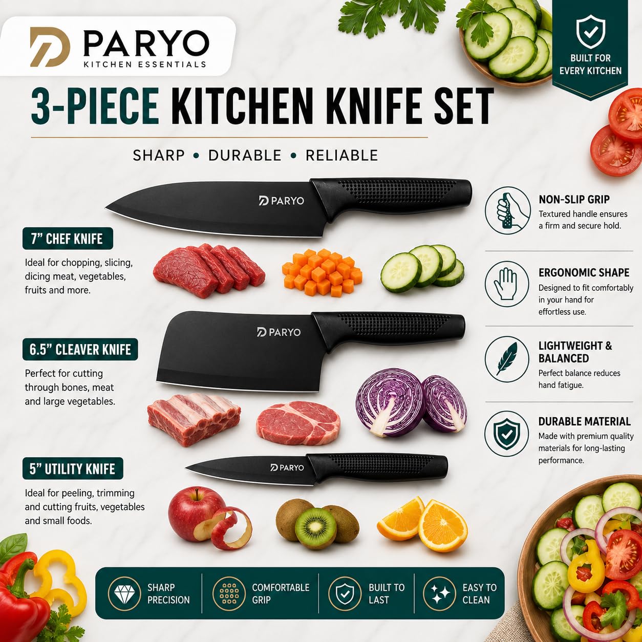 PARYO Kitchen Knife Set with Sharpener - 3 Piece -8