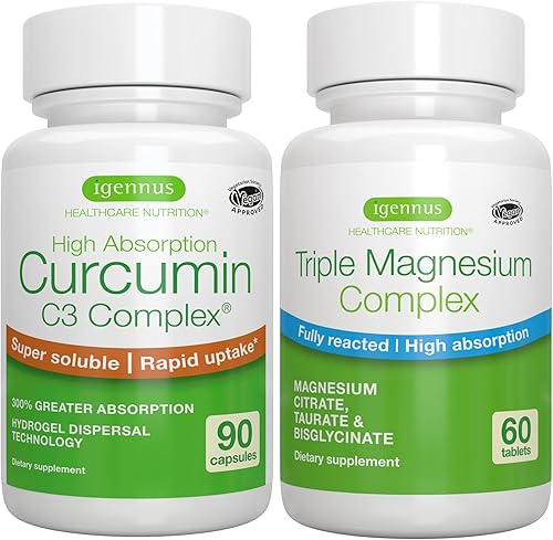 Complejo triple de magnesio + complejo de curcumina C3 de alta absorción, paquete vegano, glicinato quelado de alta absorción, taurato y citrato de