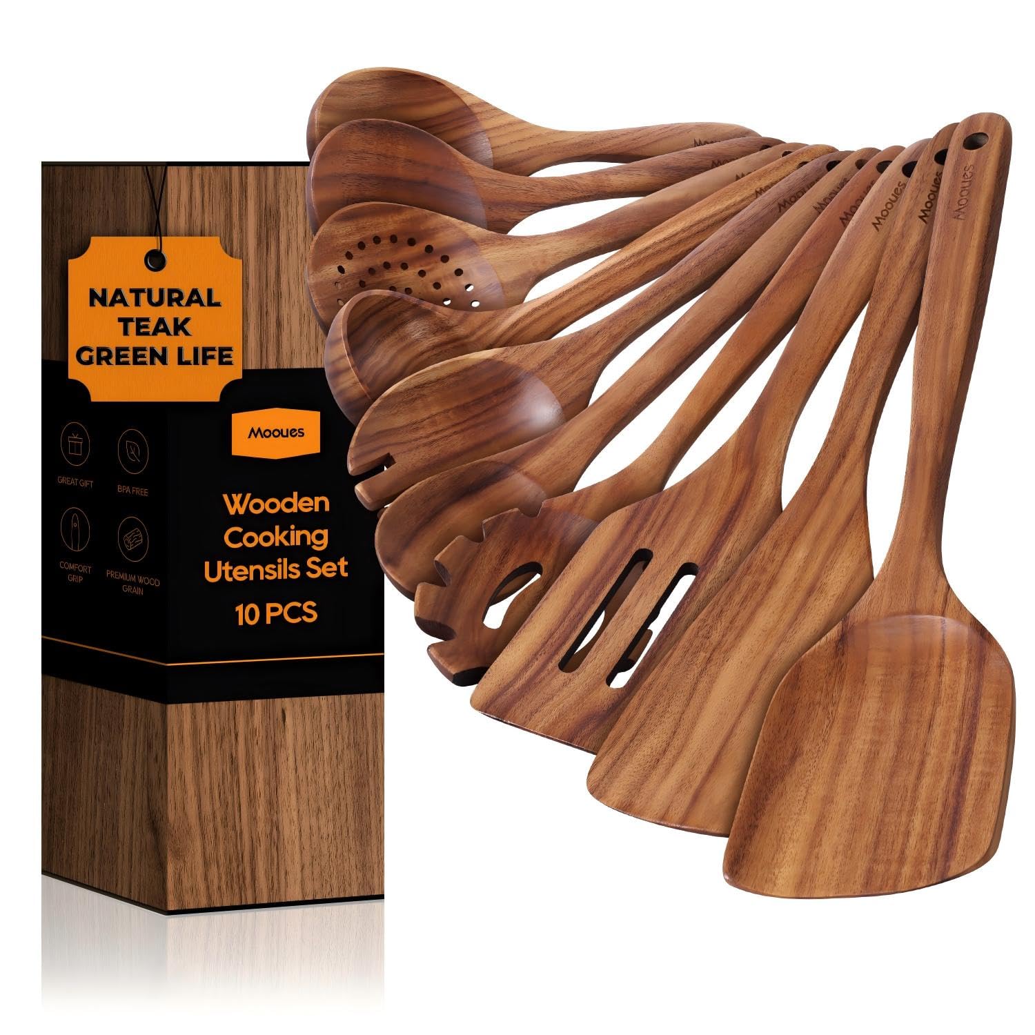 Mooues Kochlöffel Holz Set 10 Stück+ Pizzaschieber Aluminium mit Faltbarer Griff