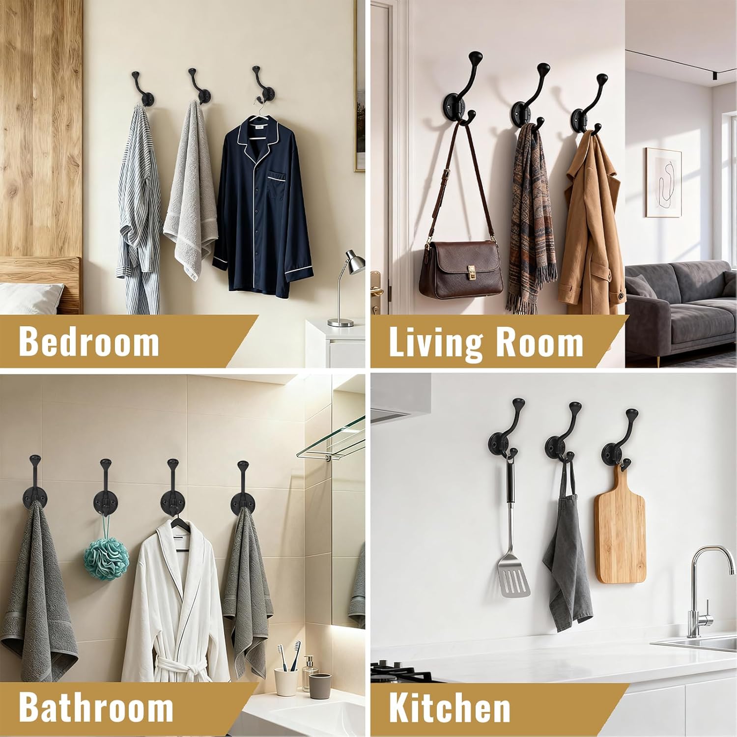 12 Pack wall Hooks for Hanging, Heavy Duty Coat Hook wall Mount, Easy to Install Metal Closet Hooks, Apply to Bathrooms, Bedrooms, Living Rooms, Entrances (Black)