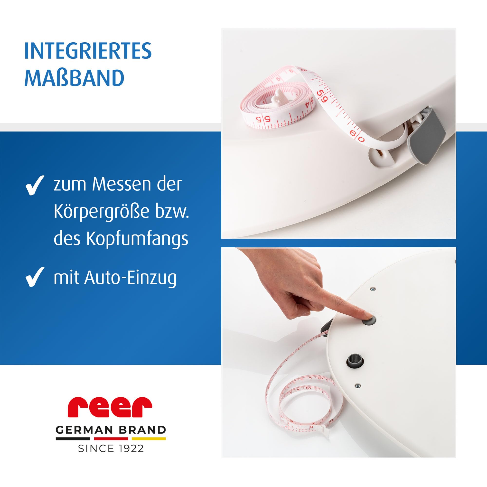 reer BabyCare Babywaage | Ergonomische Wiegeschale für Neugeborene/Babys | 25kg Maximalgewicht | Integriertes Maßband, HOLD- und Tarierfunktion | Beleuchtetes LCD-Display | Präzision von 5g