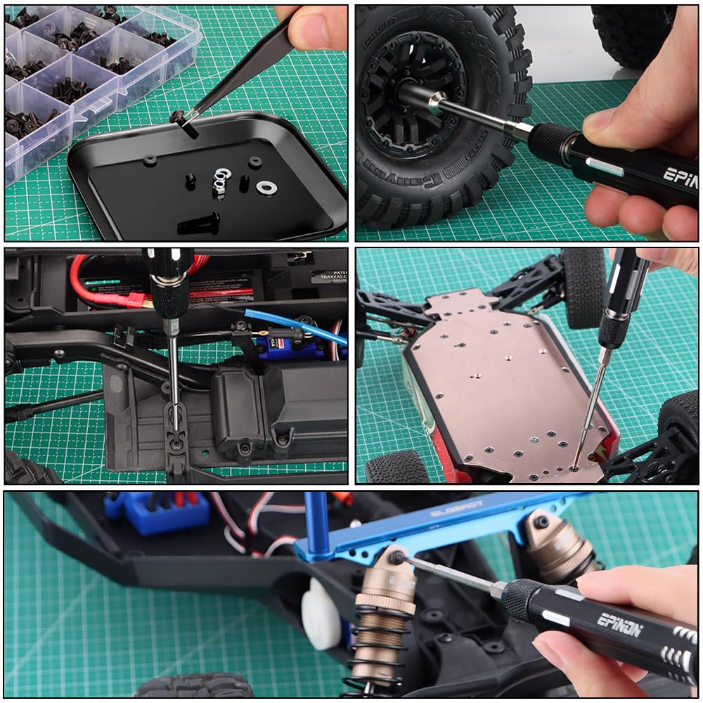 EPINON Support de travail de réparation de voiture télécommandée réglable avec ascenseur inférieur et tournevis RC et palette de vis pour 1/8 1/10 1/12 1/16 1/18 RC voiture chenille, camion buggy