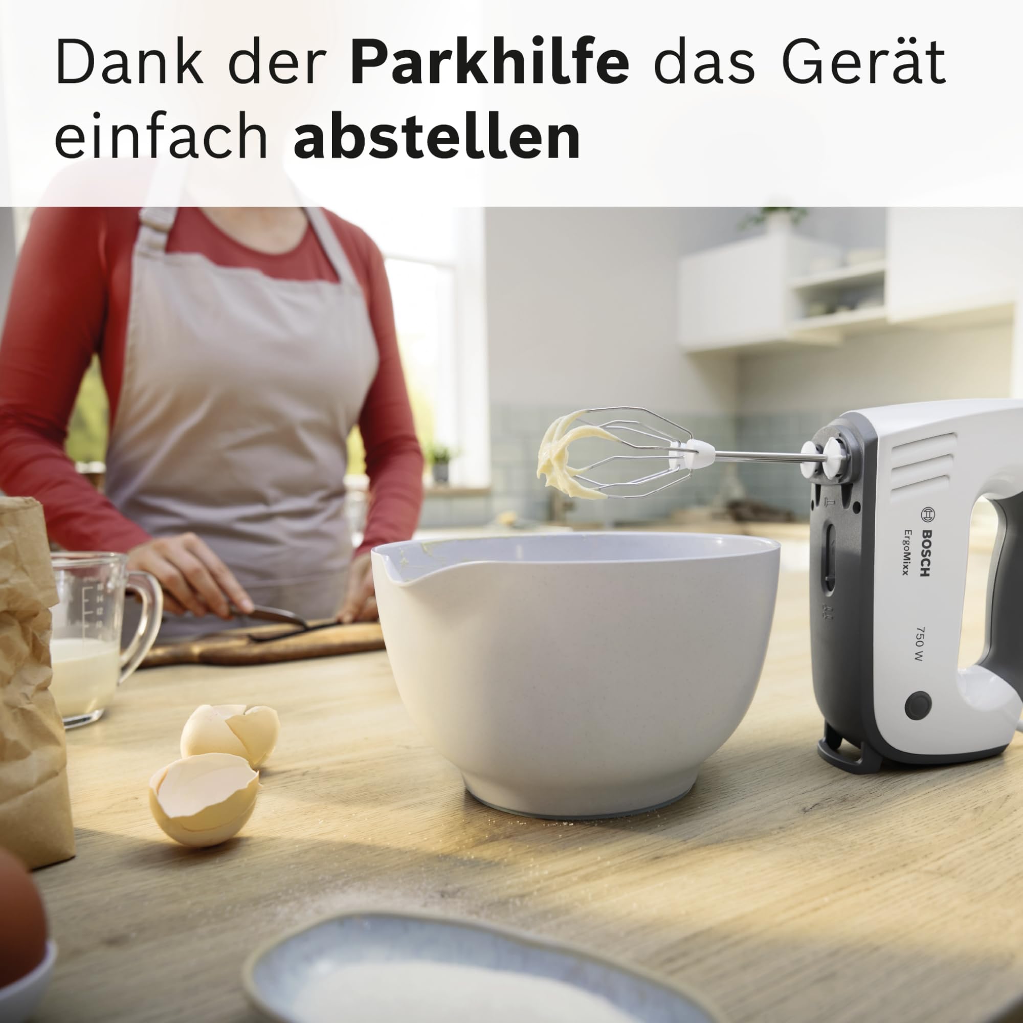 Bosch Handrührgerät, mit Pürierstab, Mixbecher, Edelstahl Rührer, Knethaken, spülmaschinenfest, 5 Stufen plus Turbotaste, weiß/grau, 750 W, ErgoMixx MFQ37470