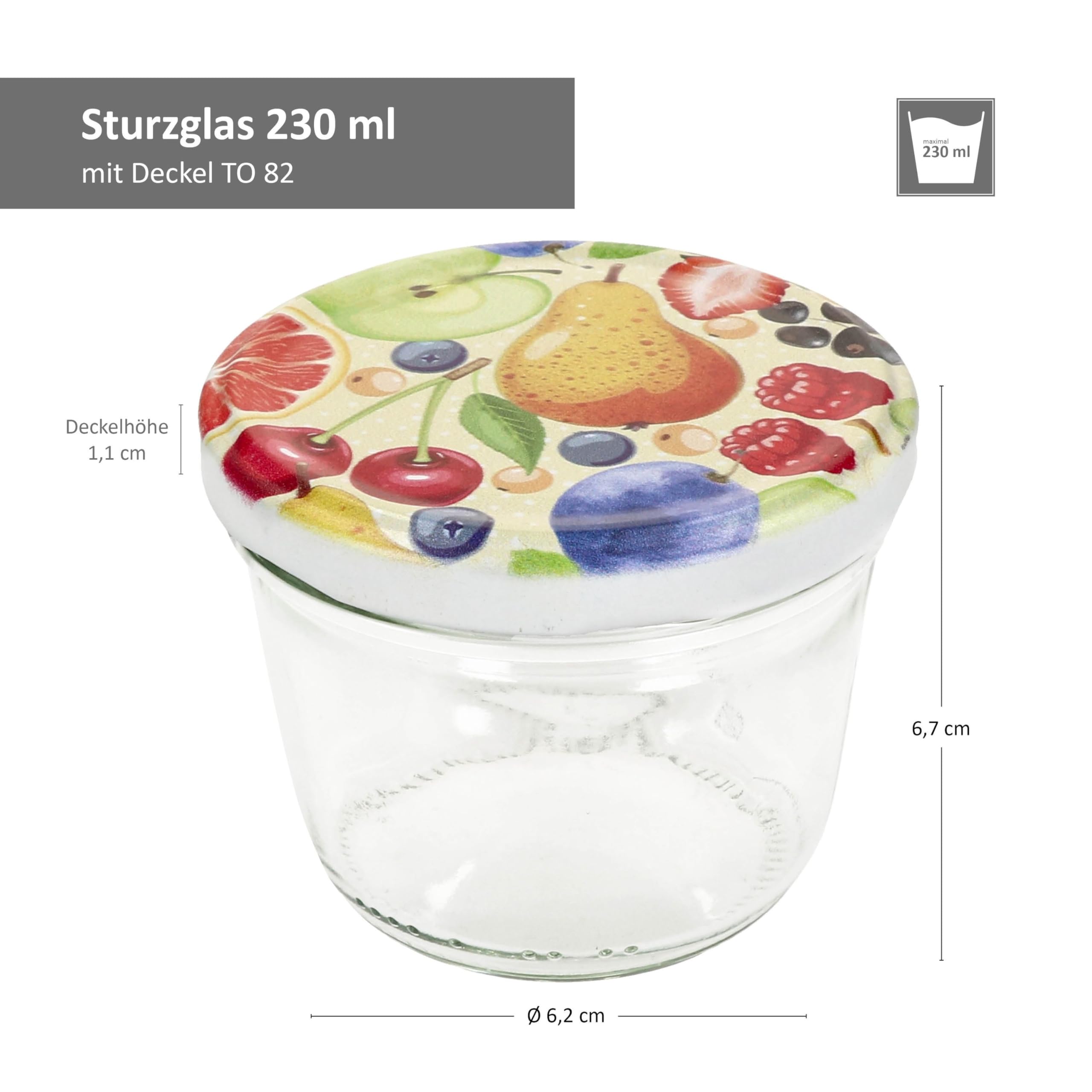 MamboCat 100er Set Sturzglas 230 ml mit Schraub-Deckel Comic-Obst I Einmachgläser + to 82 Deckel mit Diamant-Zucker-Rezept I Vorratsgläser einkochen & konservieren