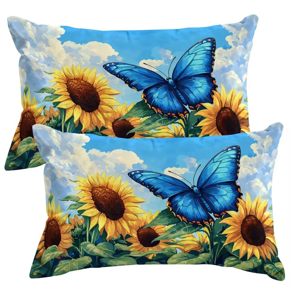 Set of 2 Velvet Cushion Covers 35x55 cm Autumn Cushions Covers Decorative Throw Pillow Case Sunflower Butterfly Sofa Pillows 14x22 Inch Rectangle Cushion Cover for Livingroom Couch Bedroom -SC409