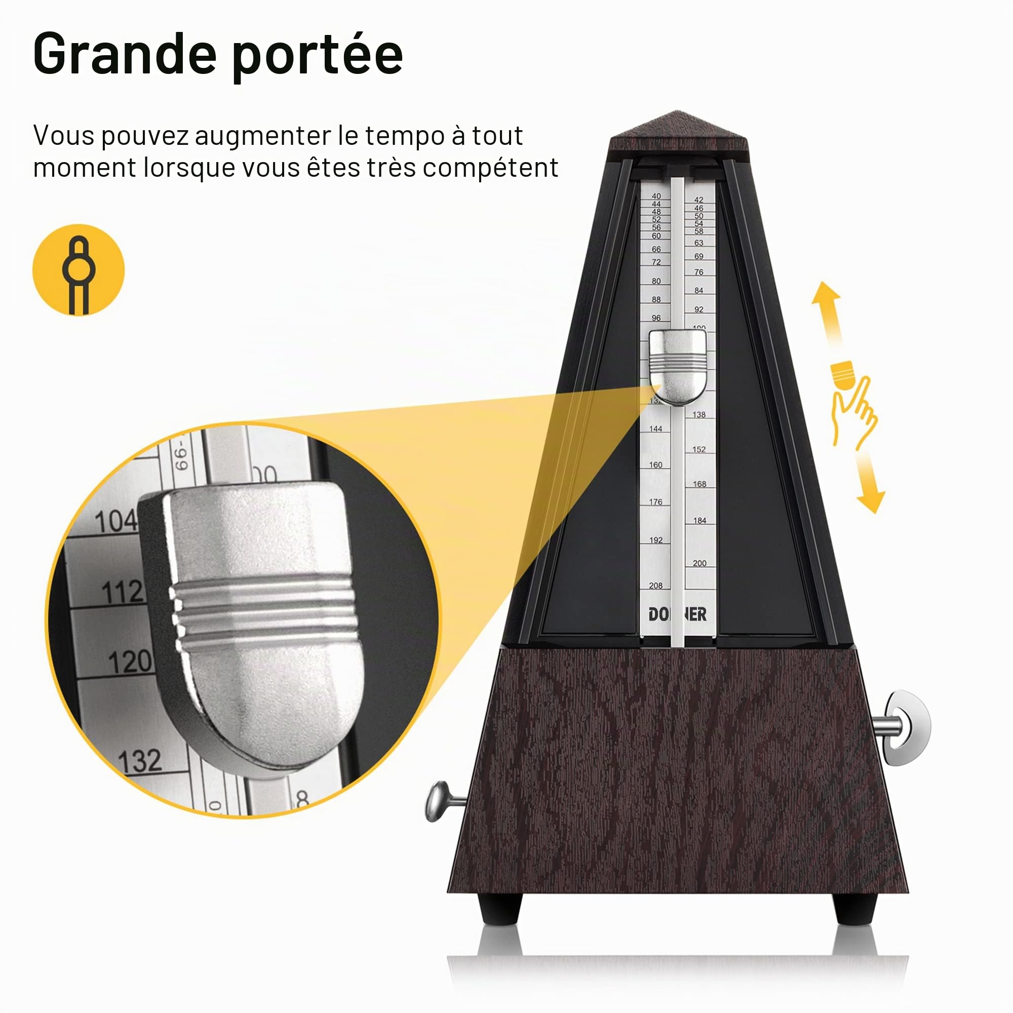 Donner Métronome Mécanique pour Piano Guitare Basse Ukulélé Violon Batterie Tambour Saxophone Trompette et Autres Instruments de Musique, Piste Tempo et Beat, Son Fort, DPM-1, Marron
