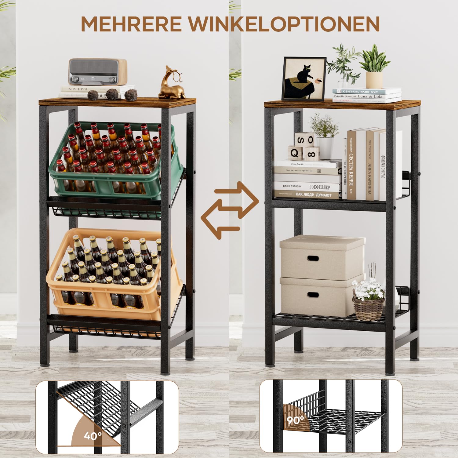 HFHOME Getränkekistenregal für 2 Kisten mit verstellbarem Ablage, Stabiler Metall Ständer Getränkekisten, Freistehend Kistenständer mit oberem Holzregal, Wasserkistenregal für Küche Keller Garage