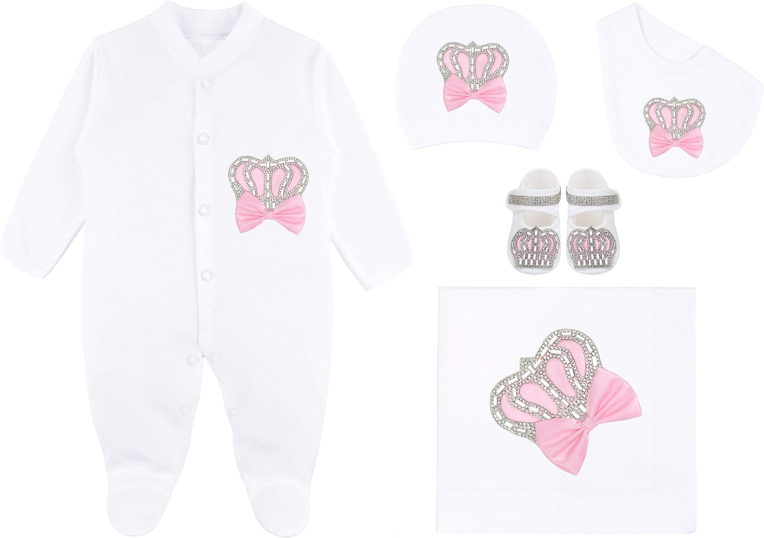 LilaxBaby Girl Newborn Jewels Crown Pink Take Me Home Layette 5 Piece Deluxe Gift Set