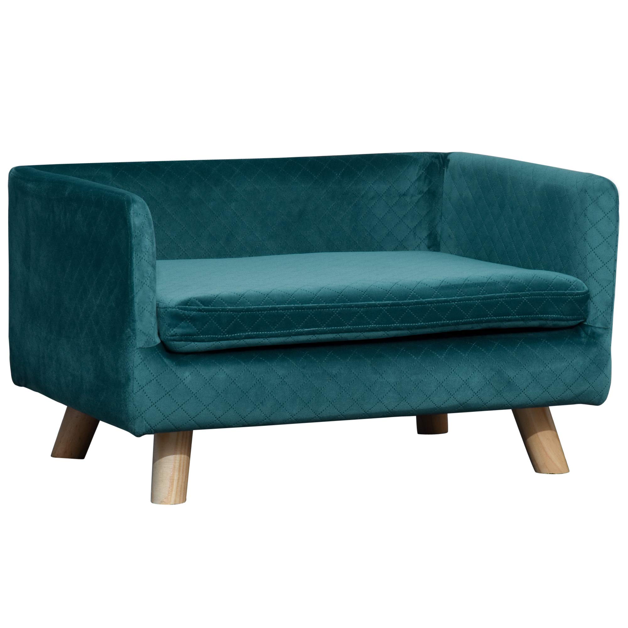 PawHut Canapé Chien lit pour Chien Design scandinave Coussin Moelleux Pieds Bois Massif dim. 64 x 45 x 36 cm Velours Bleu Canard