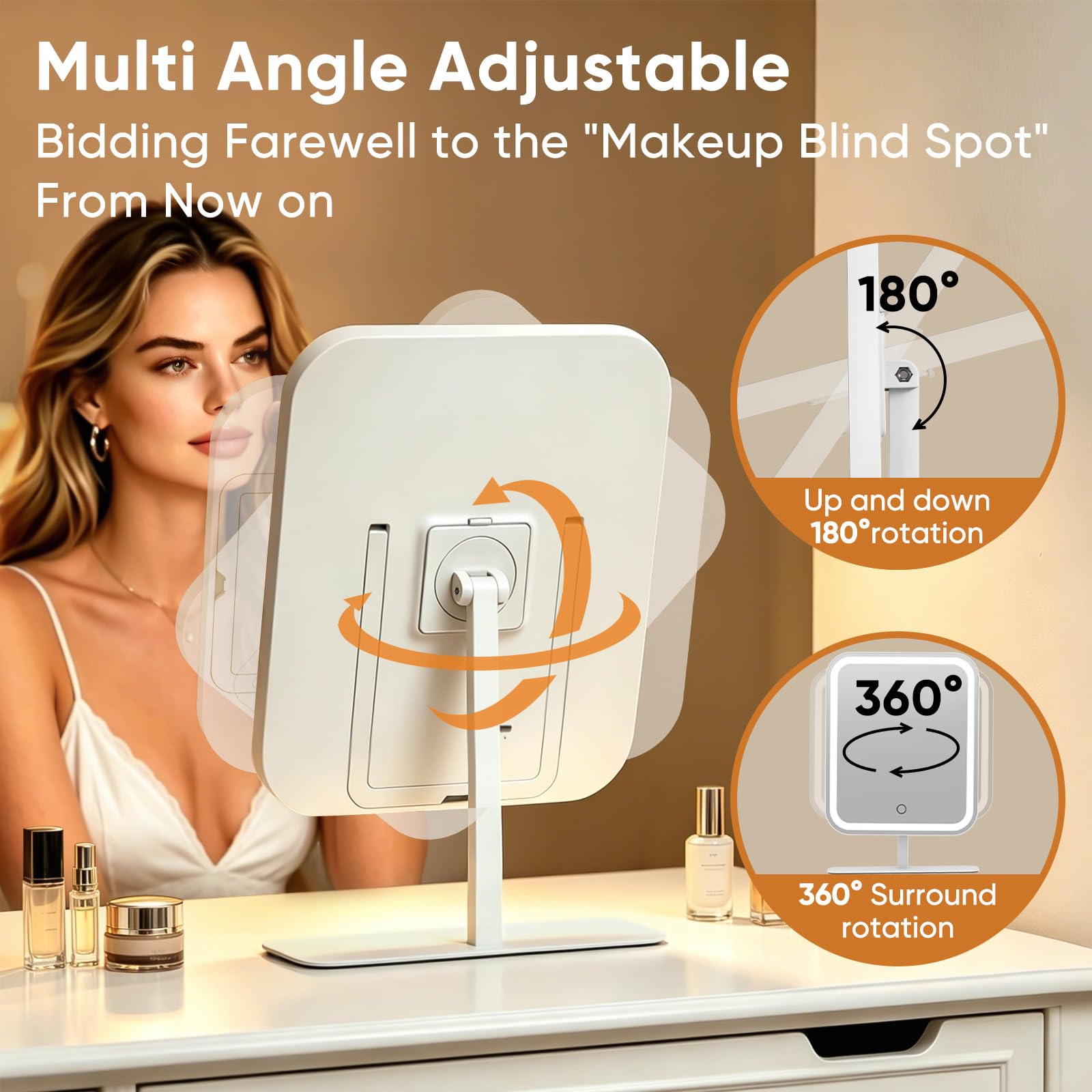 FUNTOUCH Espejo de tocador grande con luces, 4500 mAh, recargable, iluminado con aumento de 30x, 3 luces regulables de color, control táctil, rotación de 360°, regalo para mujer, para dormitorio