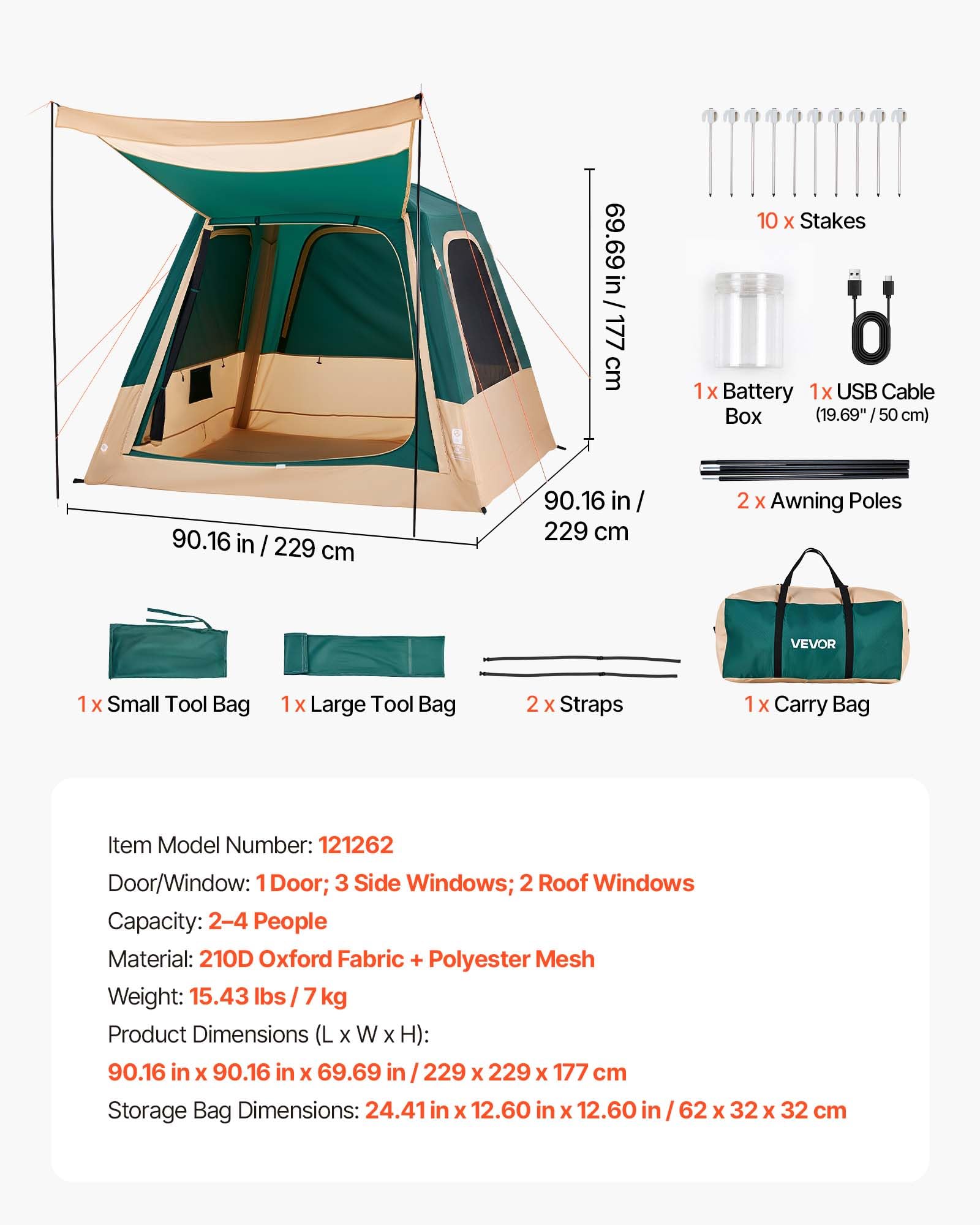 VEVOR Tente Gonflable 4 Personnes Pompe Rechargeable Tente de Camping Vert, pour Randonnée et Pique-niques en Famille, avec Tubes d'air en TPU, 5 Grandes Fenêtres en Maille, Sac de Transport Portable