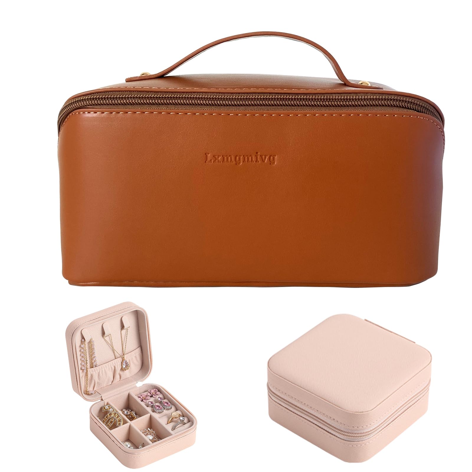 Travel Makeup Bag,Large Capacity Travel Cosmetic bag,PU Leather Organizer,Waterproof Multifunctional Makeup Organizer,Cosmetic Travel Bag（Brown）