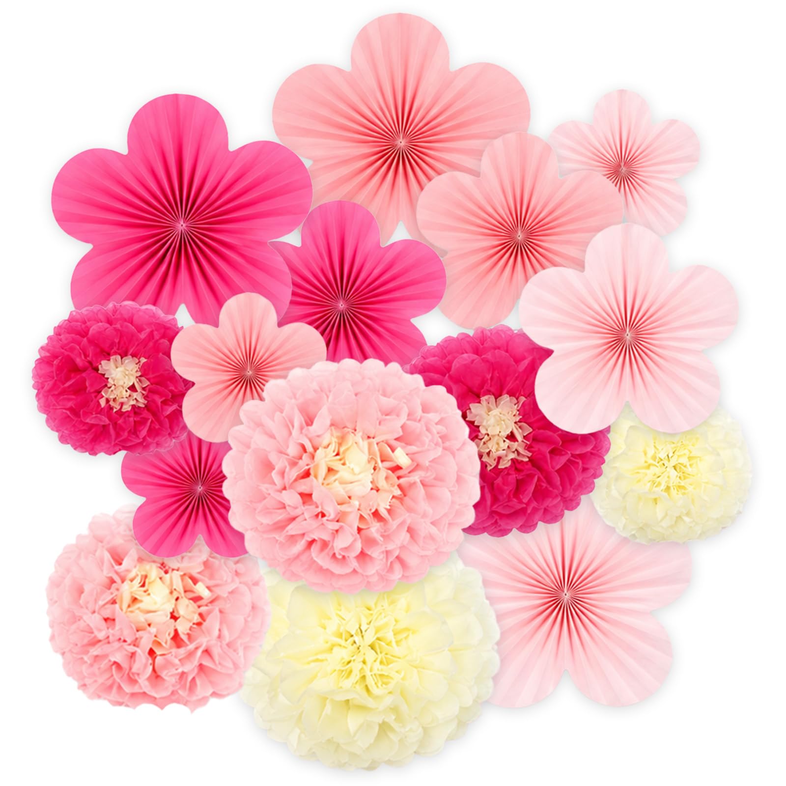15 Pcs Paper Flowers Decoration Set, Pink Light Pink Cream Paper Flowers to Hang for Wedding Decorations, Birthday Party, Baby Shower, Garden Party and Wall Decor