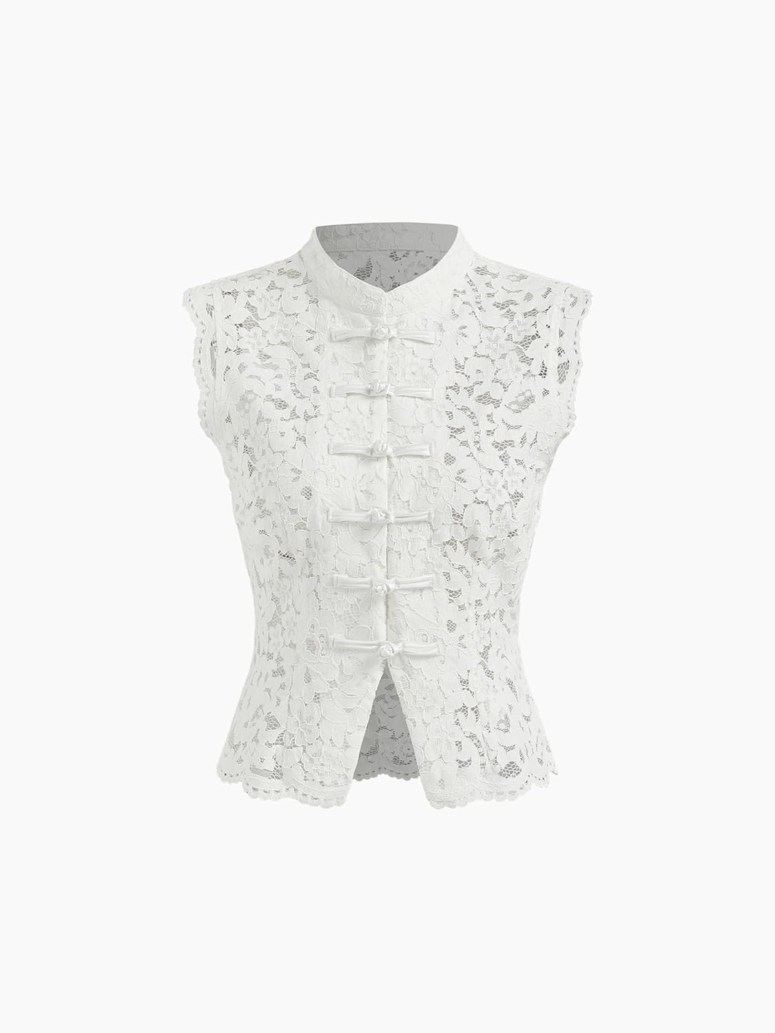CIDER Womens Lace Mandarin Collar Guipure Split Tank Top Sleeveless Shirt Blouses - Image 5