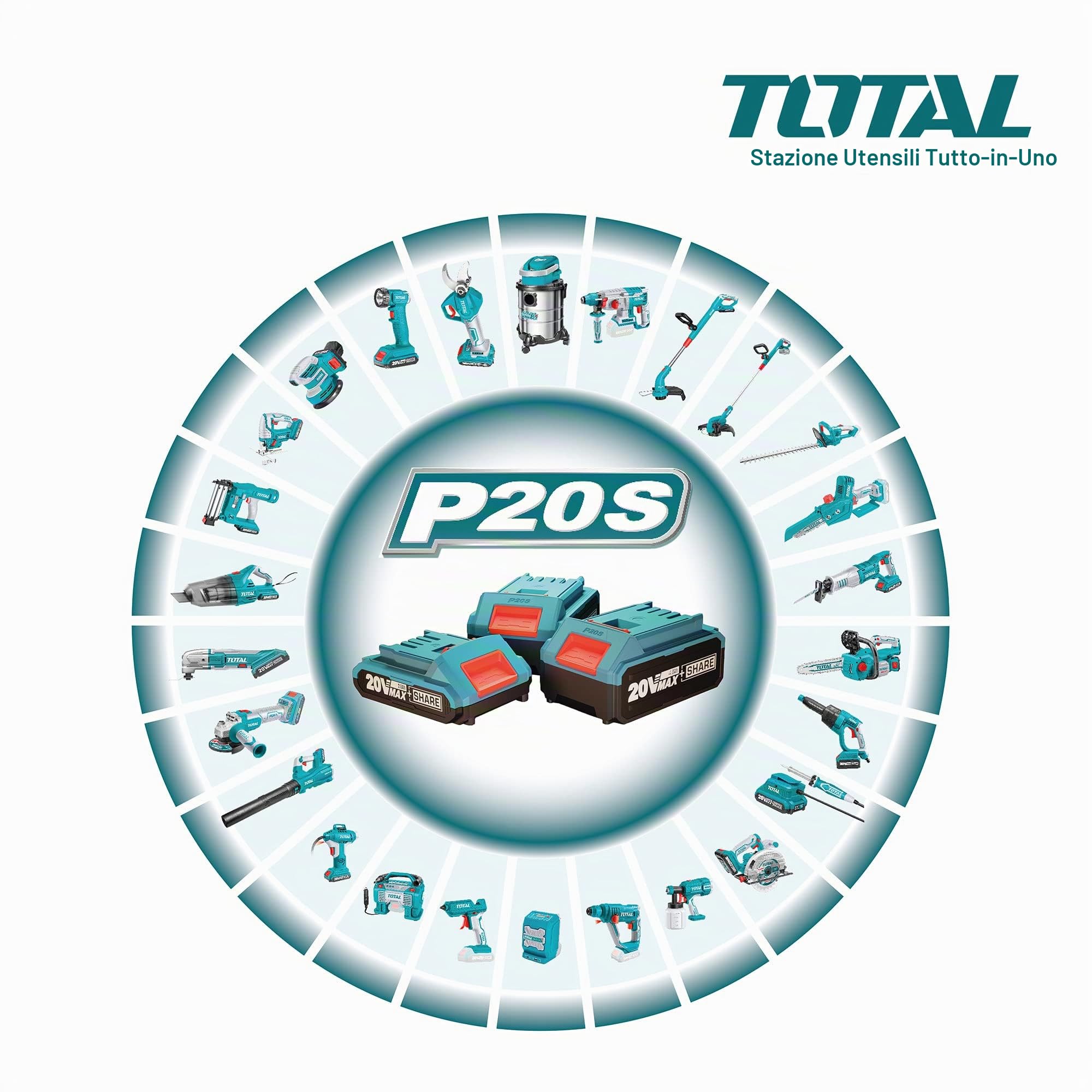 TOTAL - Caricabatterie Rapido Doppio da 20 V, Caricabatterie a Due Porte per Strumento Portatile, Velocità di Ricarica: Batterie 2 Ah in 1/2 h, Compatibile con Strumenti Elettrici P20S