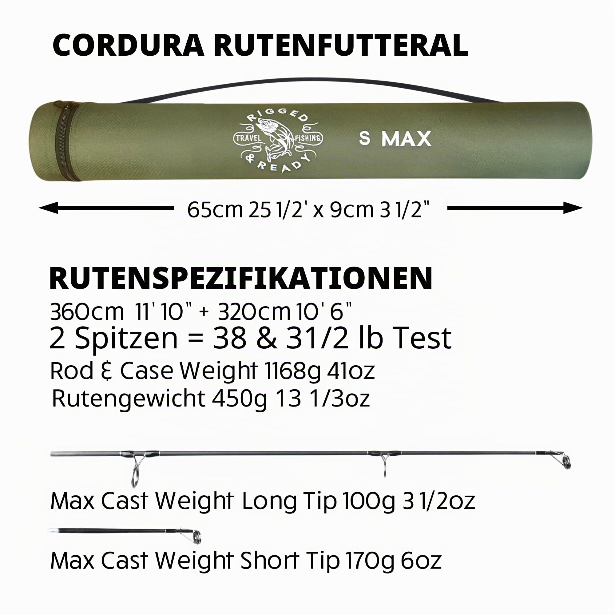 Rigged and Ready S Series Travel Fishing Rods. 2 Powerful Big Fish Predator-Carp-Surf Rods + 1 Combo + 2 Tips/cast Weights + Case. Travelling Angling in Fresh and Saltwater Fist to 15kg (33lb)
