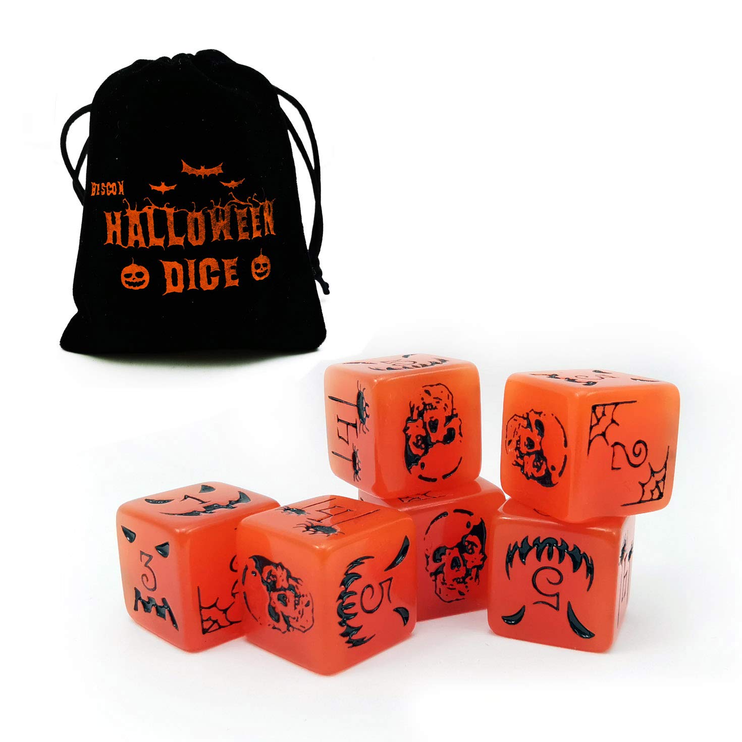 Bescon Halloween Dice D6 6pcs Set Luminous Orange, Glowing in Dark 6 Sided Halloween Dice Set in Velvet Pouch