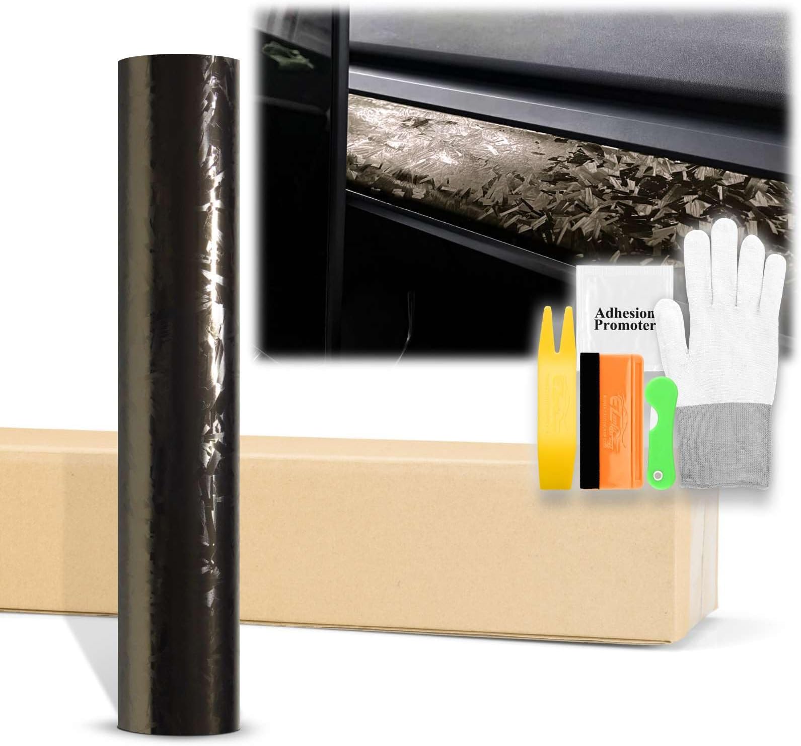 60"x660" (5FTx55FT) Titanium Black 24K Chopped Forged Carbon Fiber Textured Vinyl Wrap Auto Car Sticker Decal Sticker Film Sheet Bubble Free Air Release Technology with Tool Kit