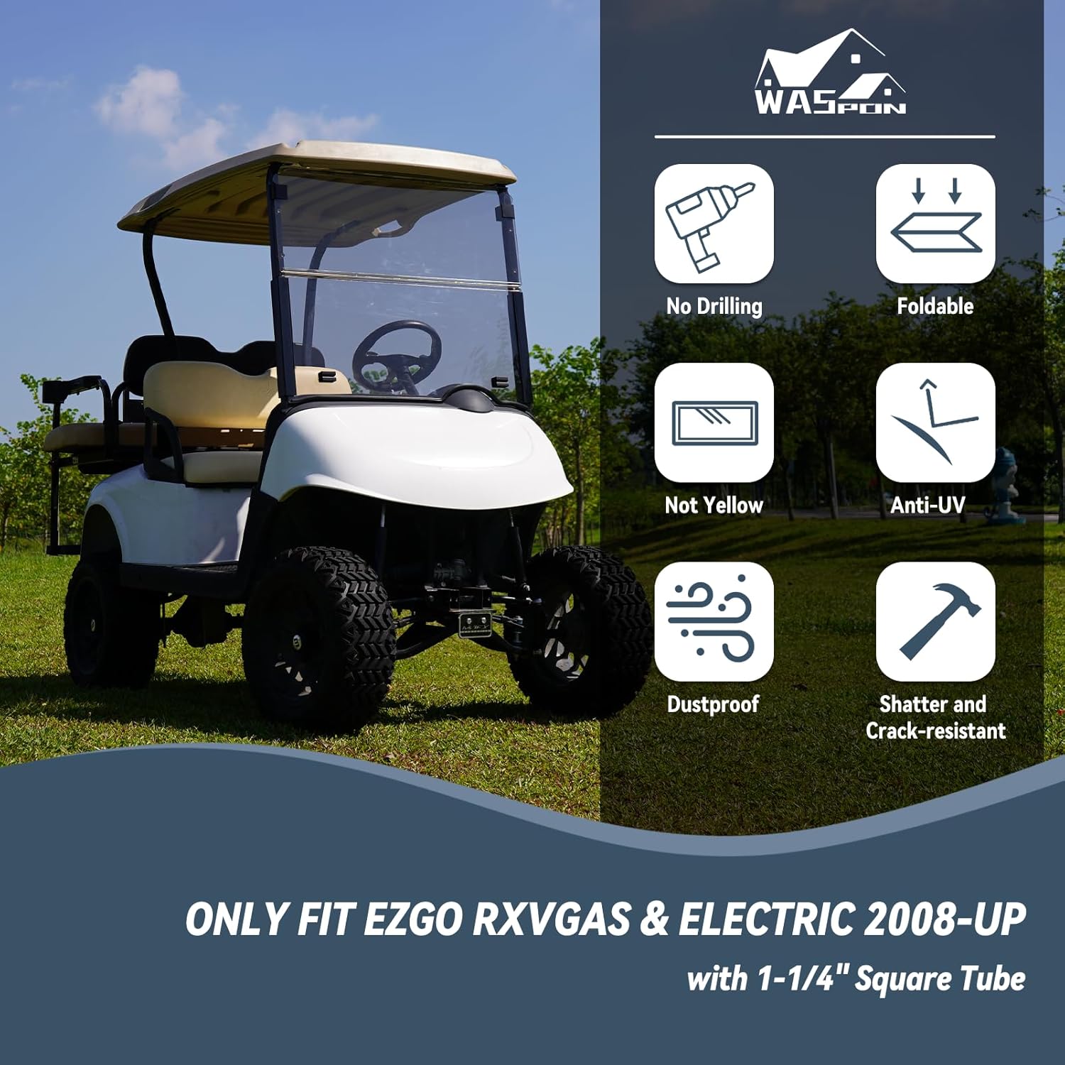 Golf Cart Windshield for EZGO/Club Car DS/Precedent/Yamaha Gas & Electric Models, 5MM Thicken Foldable, Clear Highly Transparent and Impact Resistant Acrylic