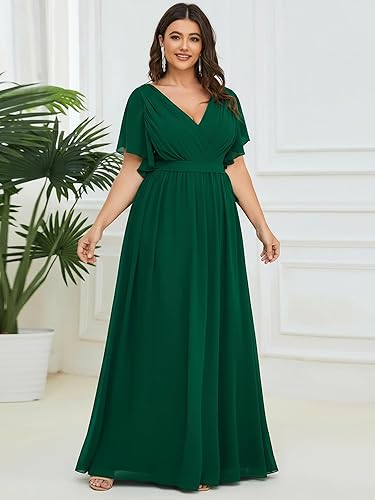 Vista 4 de Ever-Pretty Plus Vestido de dama de honor formal de manga corta de gasa con cuello en V y cintura imperio hasta el suelo, talla grande