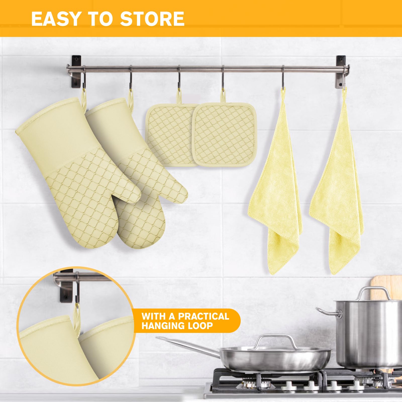 6 manoplas de horno y soportes para ollas, guantes de horno resistentes al calor de 260.0 °C con toallas de cocina, forro de algodón suave y superficie de silicona antideslizante, seguros para hornear