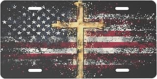 American Flag Cross Front License Plate for Women Men Funny Car License Plates with 4 Holes Aluminum Metal Novelty Vanity Tag Cover Rust-Proof Us Canada Car Decor Accessory 6 * 12 Inches