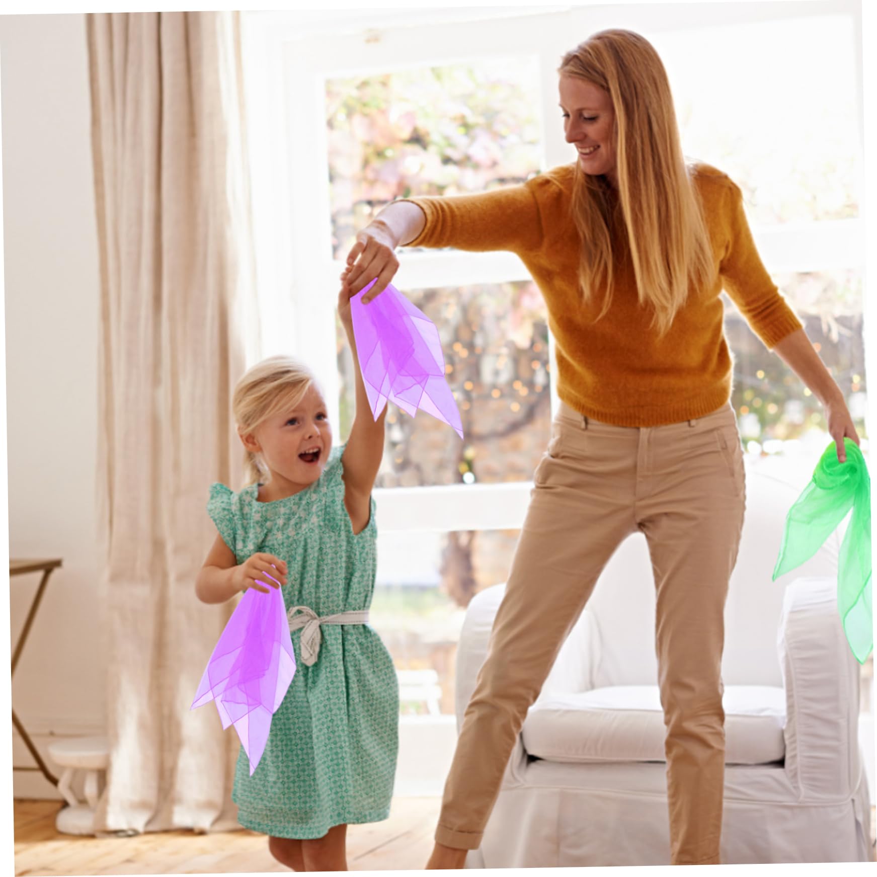 Pañuelos de seda coloridos suaves lavables juguete sensorial cuadrado para niños bufanda