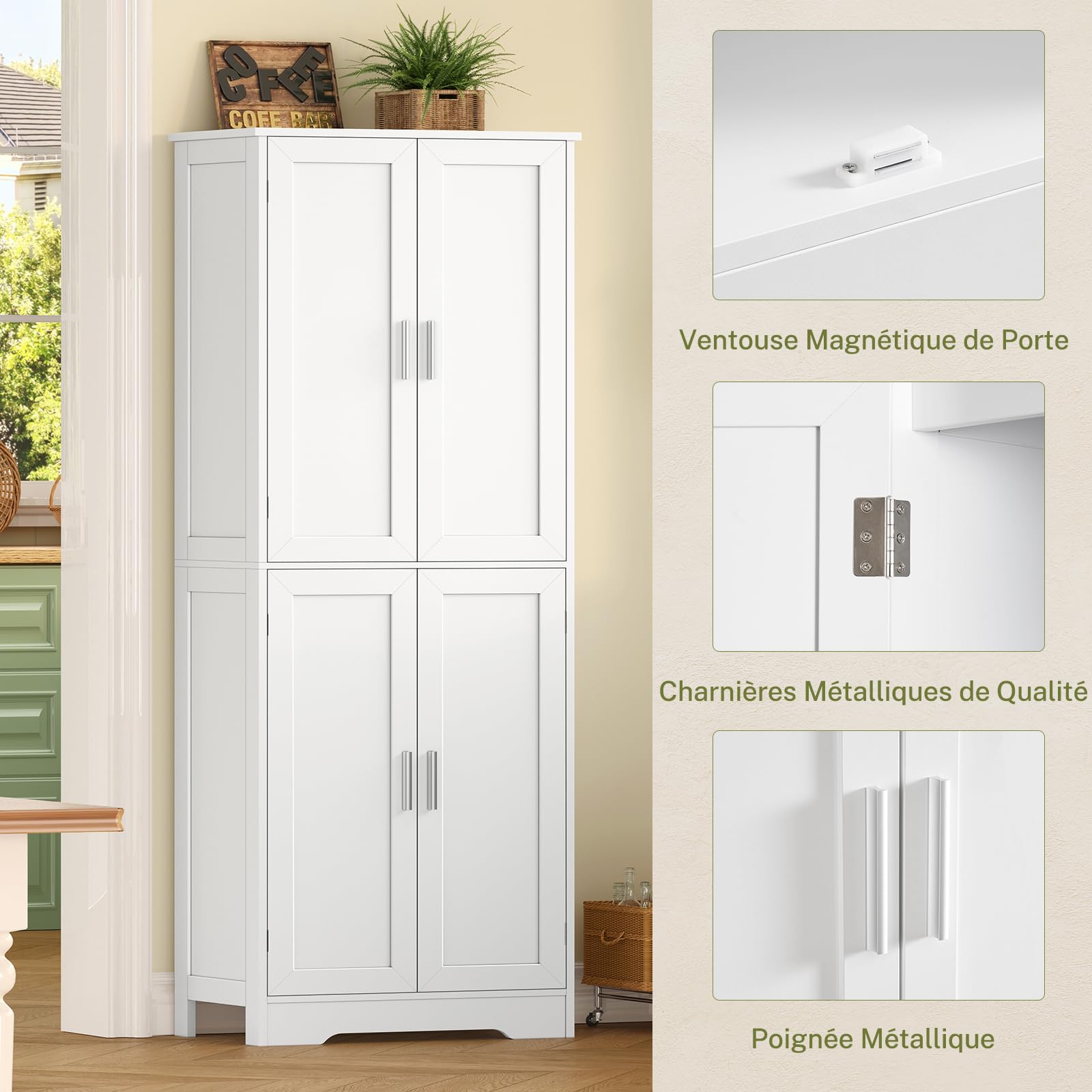 TEENFON Meuble de Salle de Bain, Armoire de Rangement 4 Portes avec Étagères Réglables, Meuble de Rangement Colonne pour Salon, Salle à Manger et Salle de Bain, 60x30x170 cm, Blanc