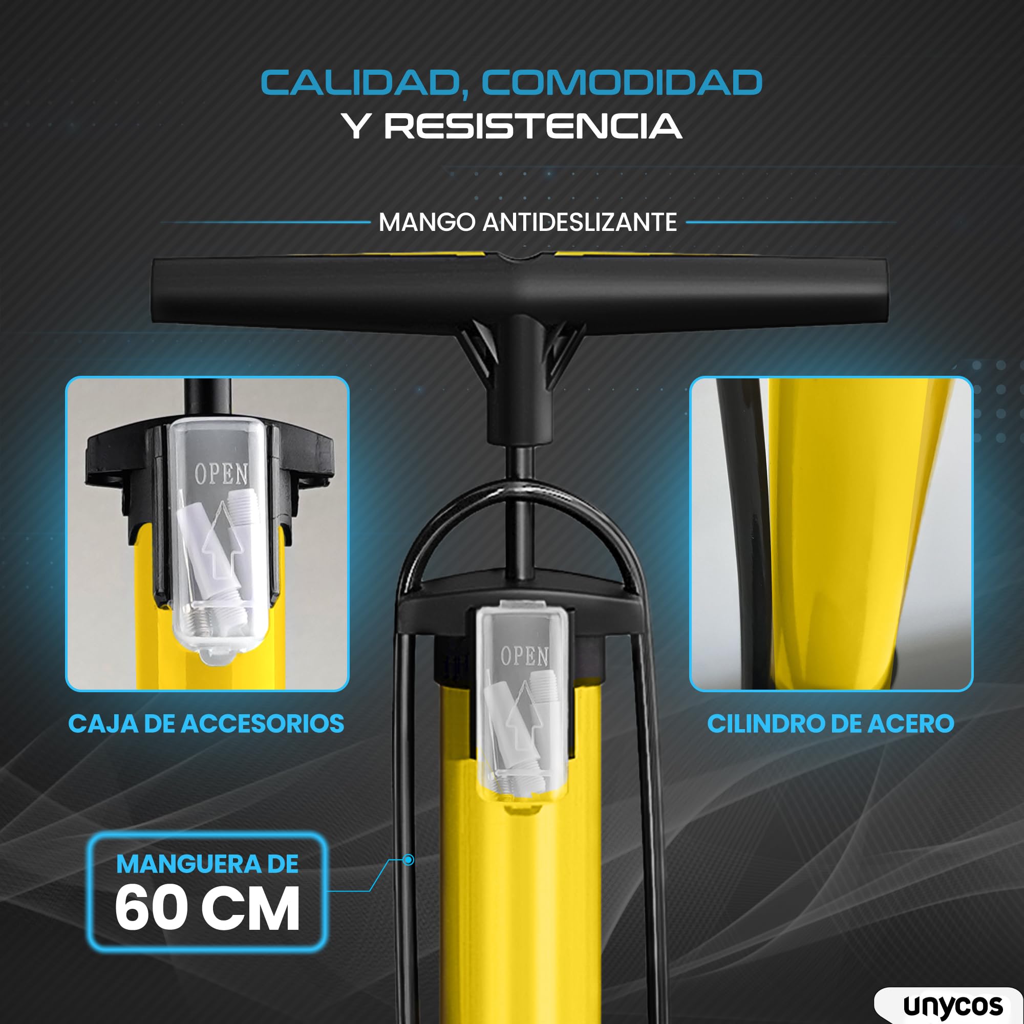 unycos - Bomba de Bicicleta con Manómetro de Alta Presión y Válvulas【Presta | Schrader】 160 PSI/11 Bar | Inflador de Ruedas, Neumáticos, Pelotas, Flotadores, Anillos de Natación, 63x23 cm - 5