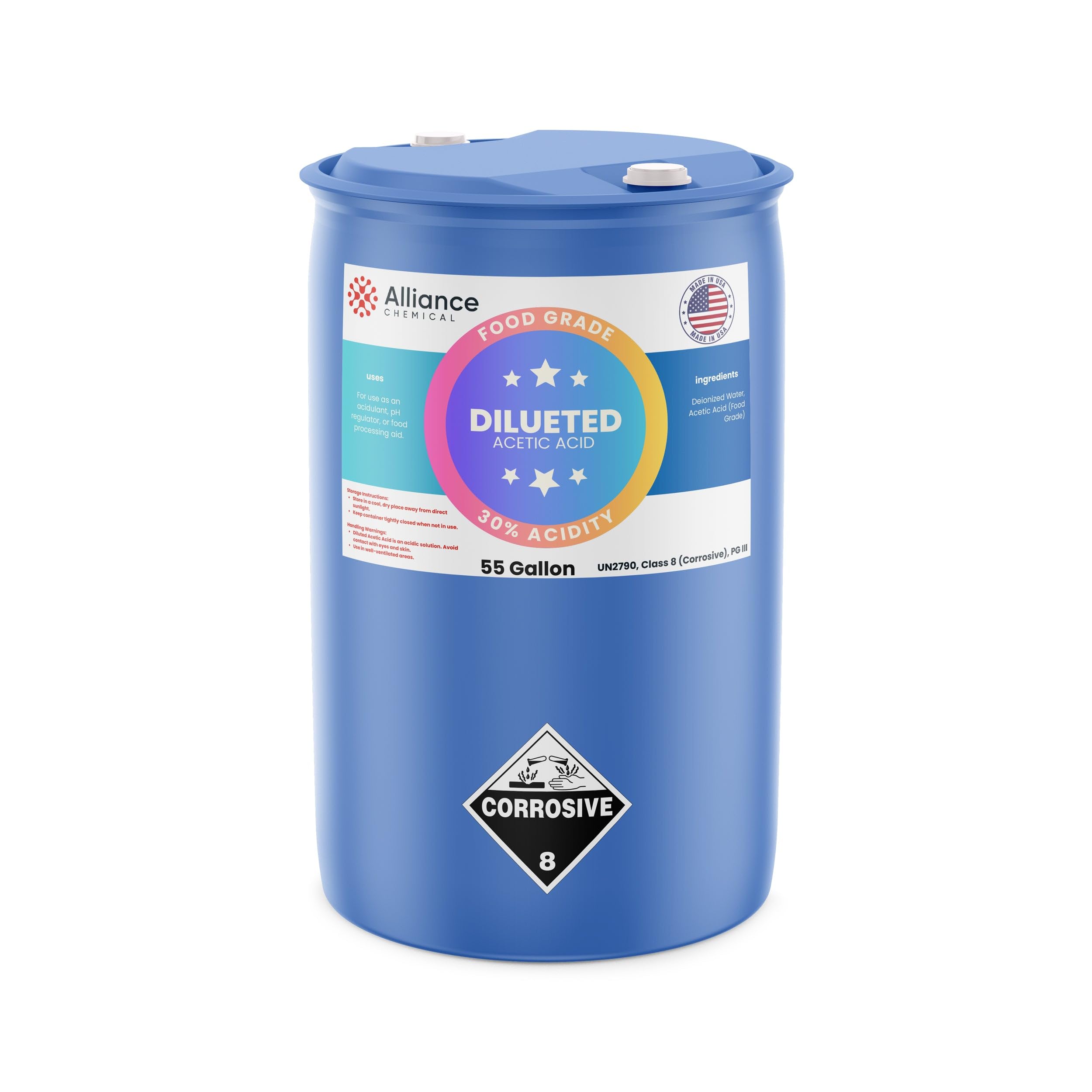 30% Diluted Acetic Acid Food Grade - 55 Gallon Drum – for Industrial Cleaning, pH Adjustment, Metal Surface Treatment, and Chemical Processing