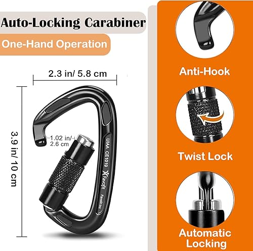 Vista 11 de Mosquetón de escalada de alta resistencia con bloqueo – Favofit 25KN 42KN UIAA certificado Auto Lock Mosquetón Clip para arborista – Gancho grande