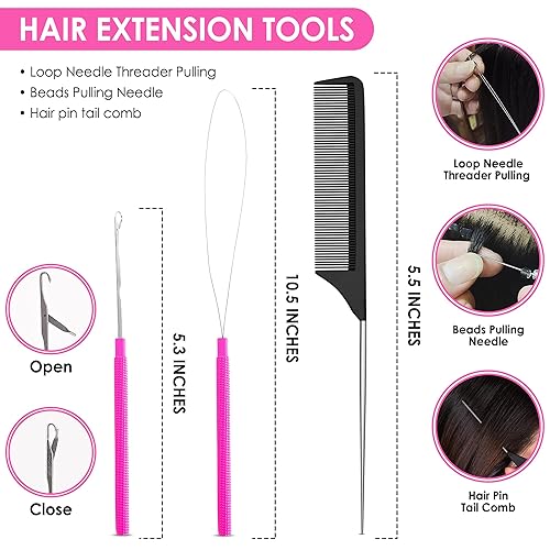 Miniatura 5 de Beauty & Crafts Herramientas de extensión de cabello, juego de alicates de acero inoxidable para microcuentas, 1 aguja de ganchillo, 1 gancho de