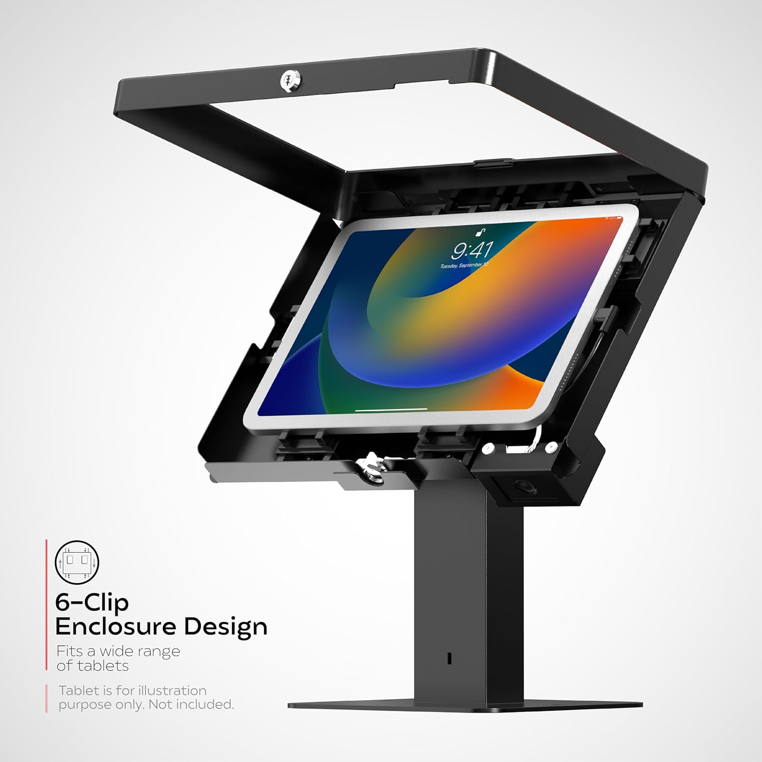 CTA Digital Sleek Rotating POS Desk Mount with Security Enclosure and Barcode Scanner for iPad 10th Gen A16, iPad Air 11" M3 & M2, Pro 11", Galaxy Tab A7 & More - Black (PAD-RSDMP2D)